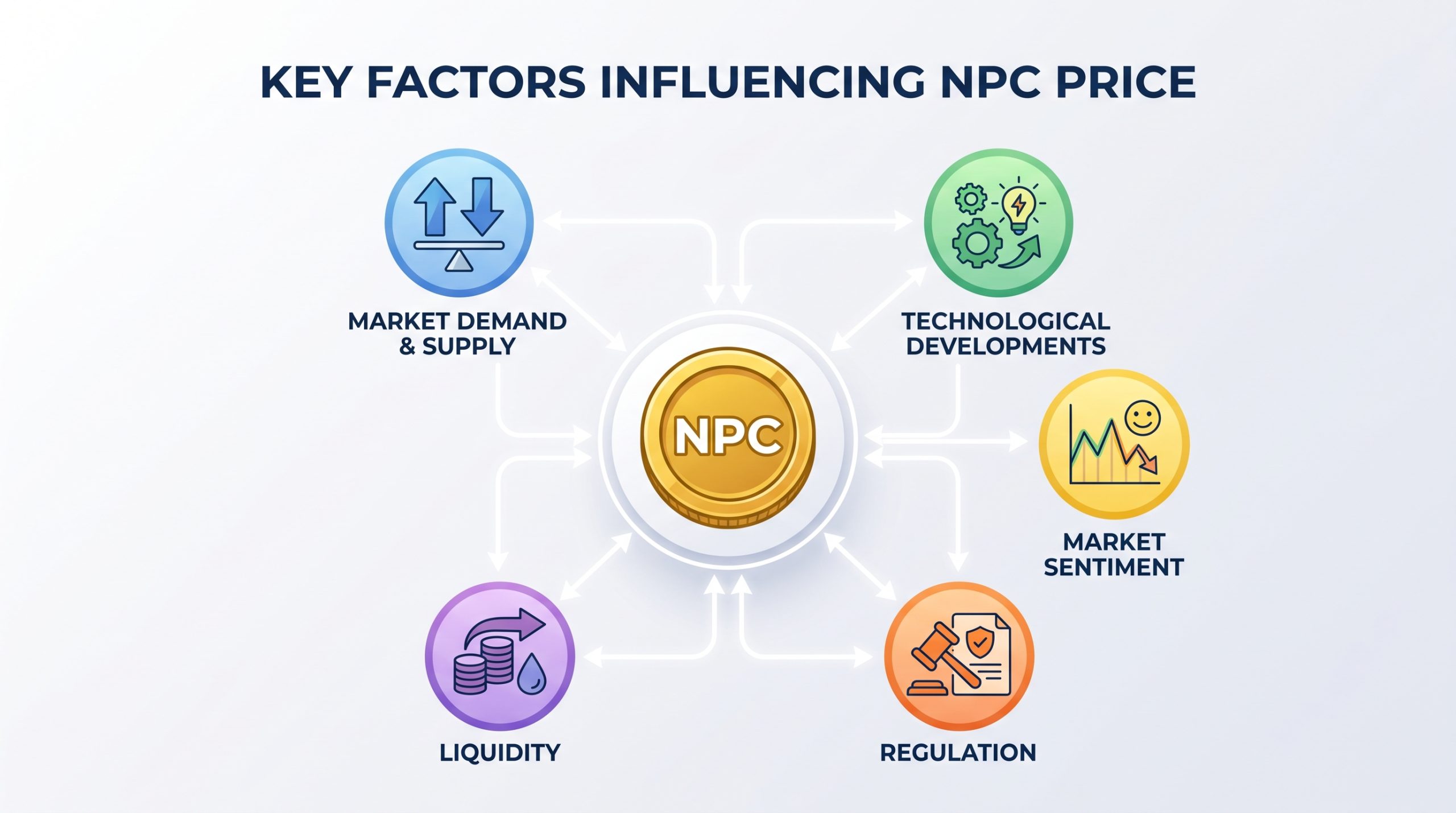 Non-Playable Coin (NPC) Price Prediction: 2026 Market Outlook 1 Diagram of the key factors influencing Non-Playable Coin price predictions: demand and supply, technology, sentiment, regulation, and liquidity.
