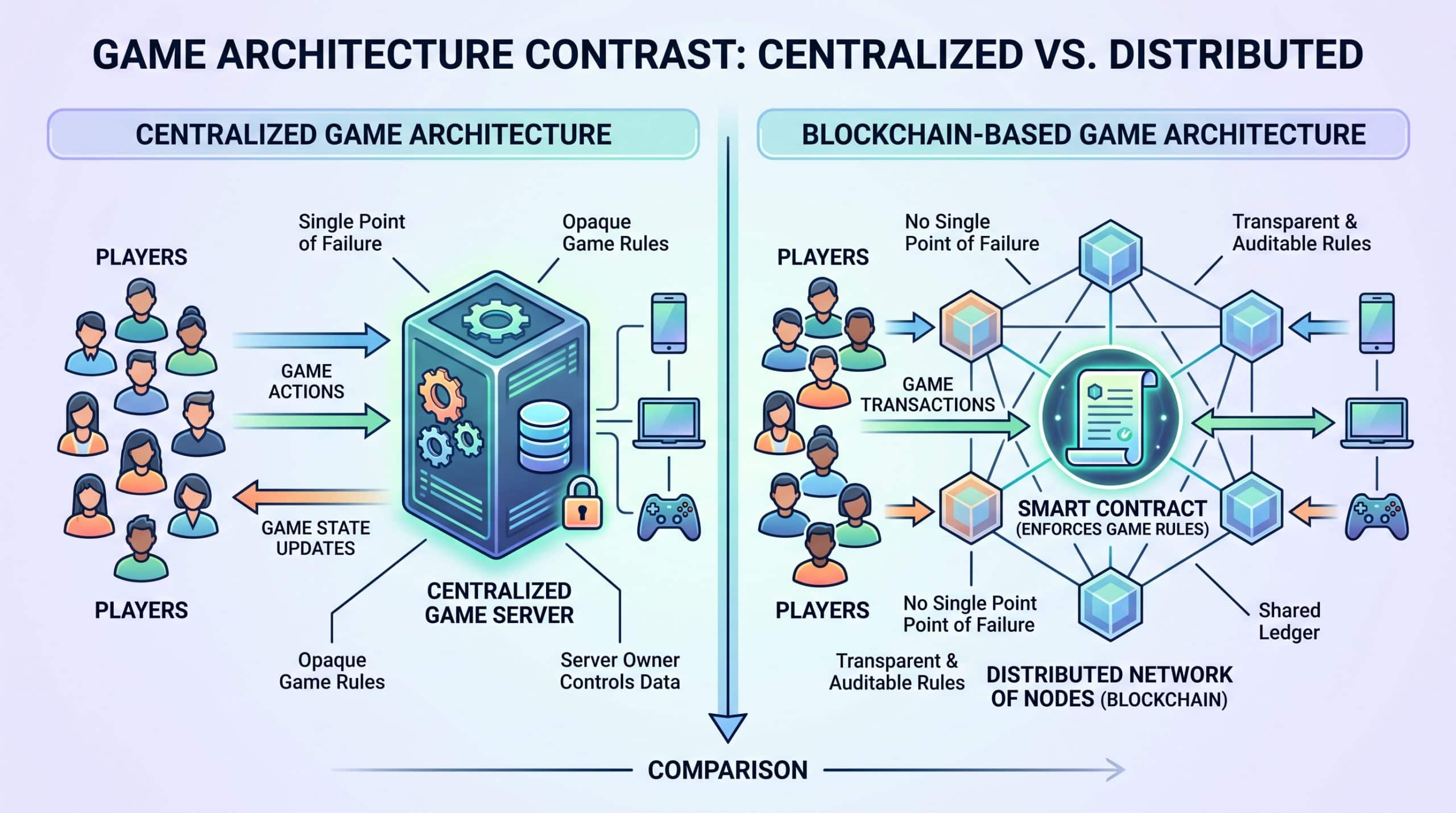 Trustless Gaming Platforms: How Blockchain Enables Fair Play 1 Diagram contrasting a centralized game server with a decentralized trustless gaming network where players connect through blockchain nodes and smart contracts.