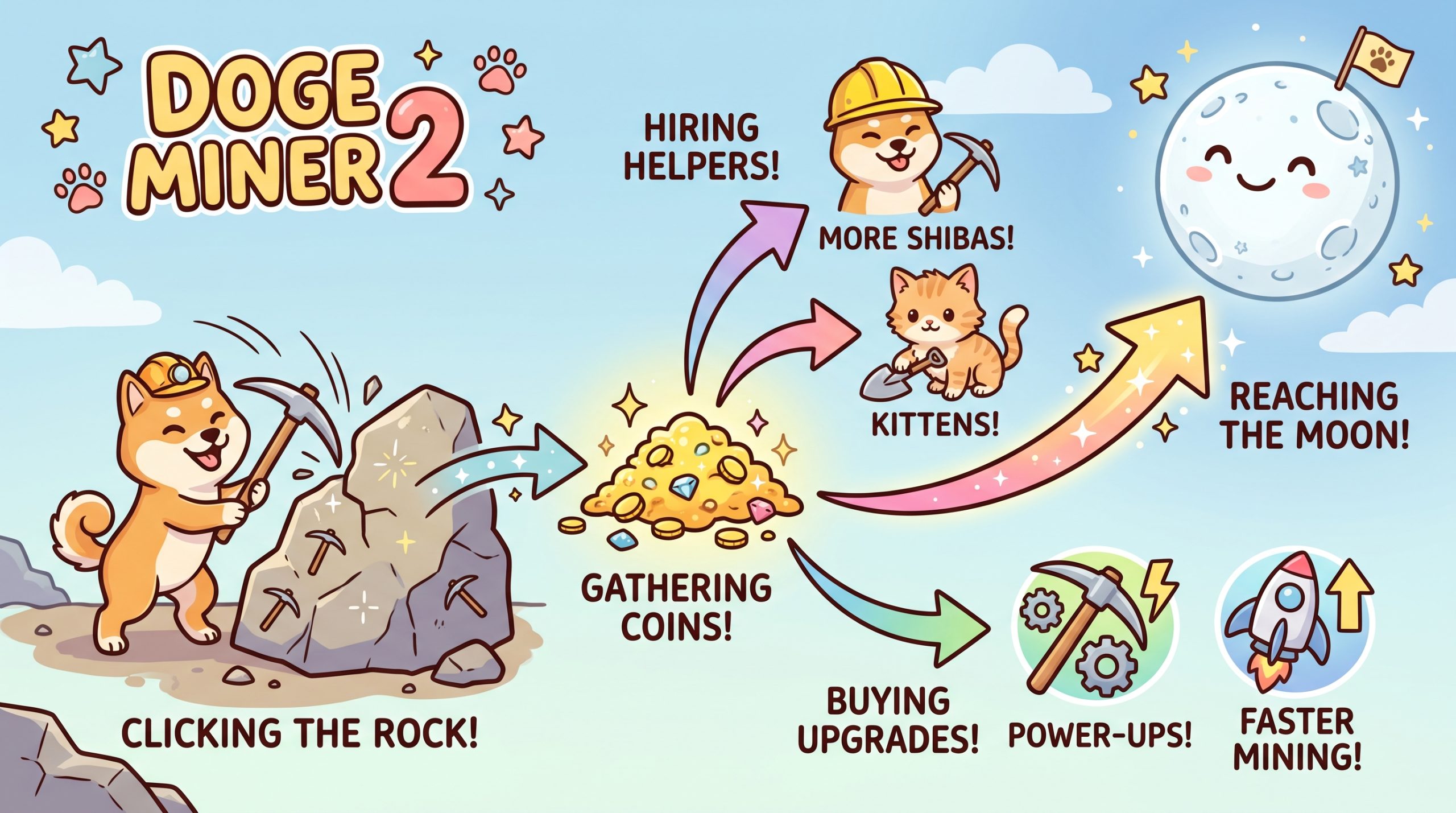 Doge Miner 2: Strategy Guide to the Dogecoin Clicker 1 Cartoon diagram of the Doge Miner 2 gameplay loop: a Shiba Inu mines a rock for coins, spends the coins on helpers and upgrades, and heads toward the moon.
