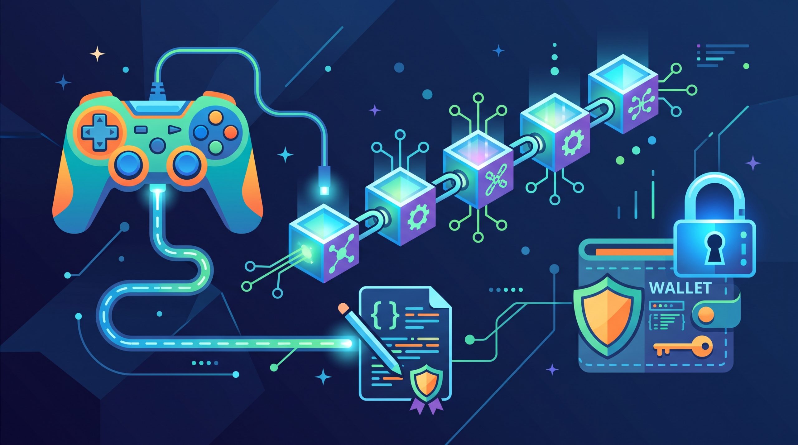 Secure Crypto Gaming: Security, Privacy, and Fairness 1 Conceptual illustration of a game controller linked to a blockchain ledger, a smart contract icon, and a padlocked digital wallet, representing secure crypto gaming.