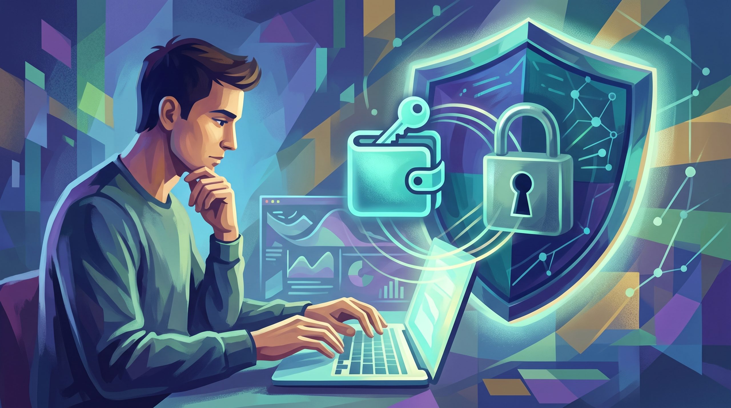 Private Cryptocurrency Betting: Privacy, Security, and Anonymity 1 Illustration of a person betting online from a laptop, surrounded by a cryptocurrency wallet icon, padlock, and shield symbolising privacy and security
