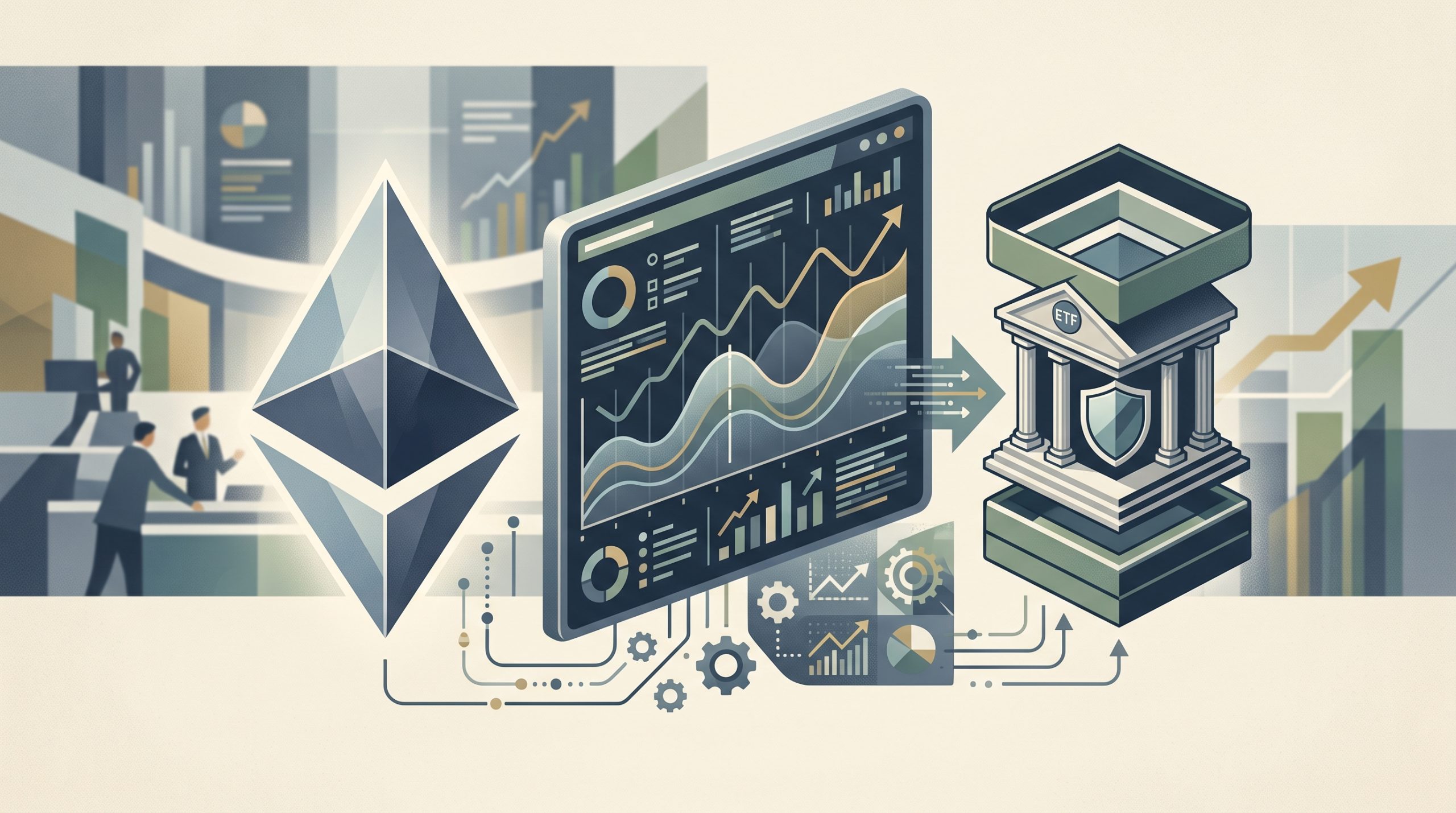 How High Can Ethereum Go After BlackRock's ETF Approval? 1 Illustration of the Ethereum symbol next to a stylized exchange ticker board representing ETF trading