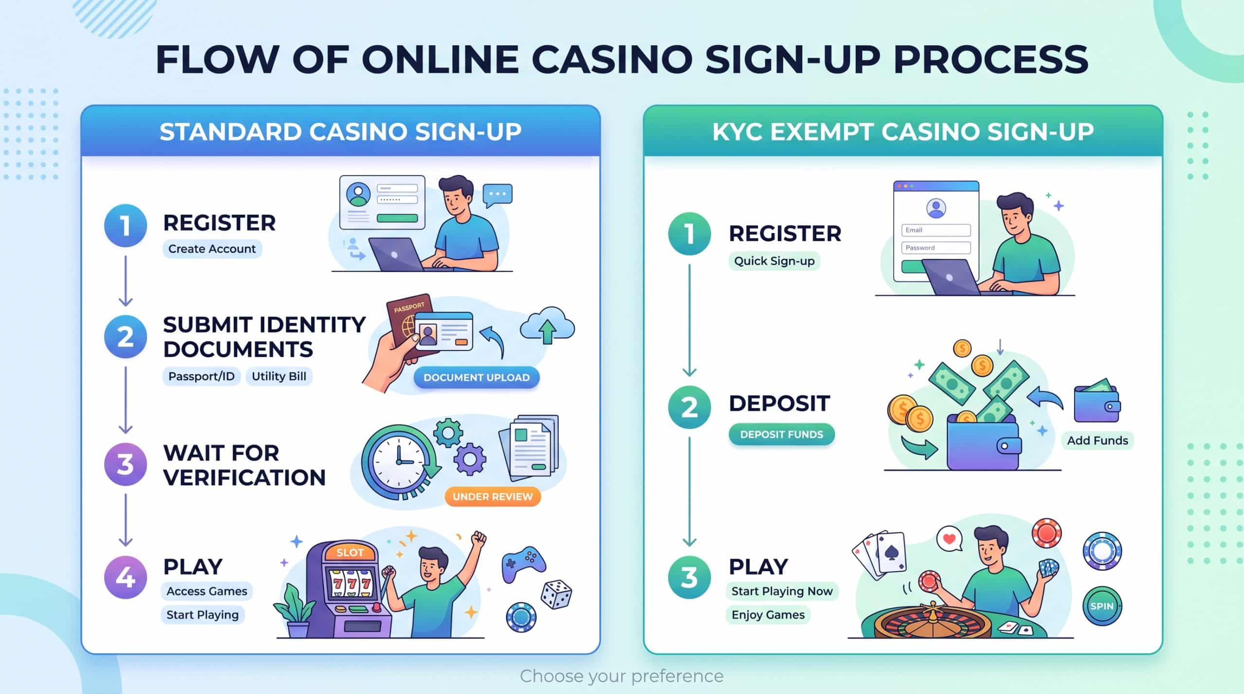 KYC Exempt Casino: Convenient, Private, Secure Gambling 1 Illustration comparing a standard casino sign-up flow that includes identity document checks and a verification wait with a KYC exempt casino flow that moves straight from registration and deposit to play.
