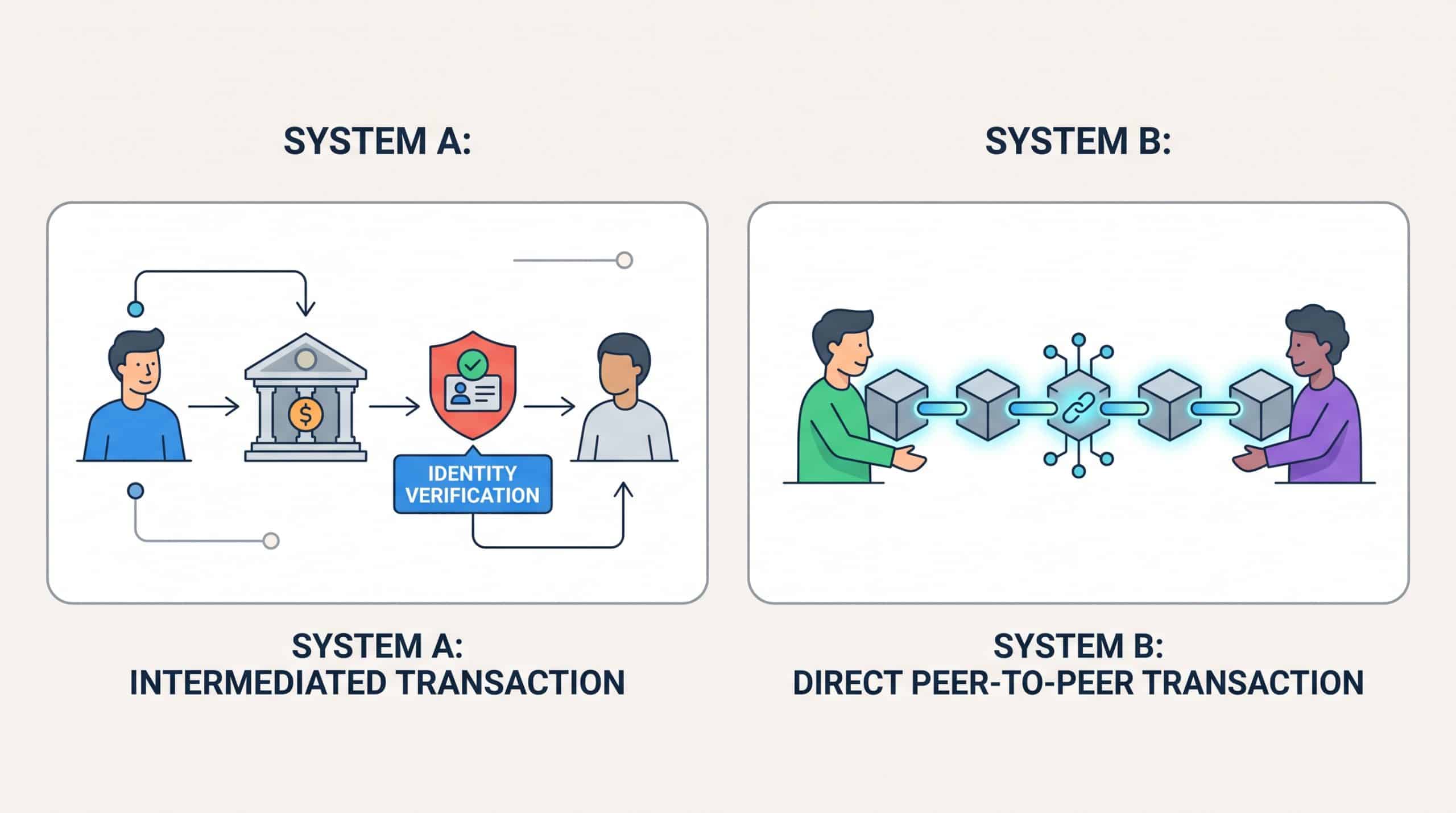KYC-Free Transactions: Benefits, Risks, and How They Work 1 Conceptual diagram contrasting a traditional payment that passes through an identity verification checkpoint with a KYC-free transaction sent directly between two people over a blockchain