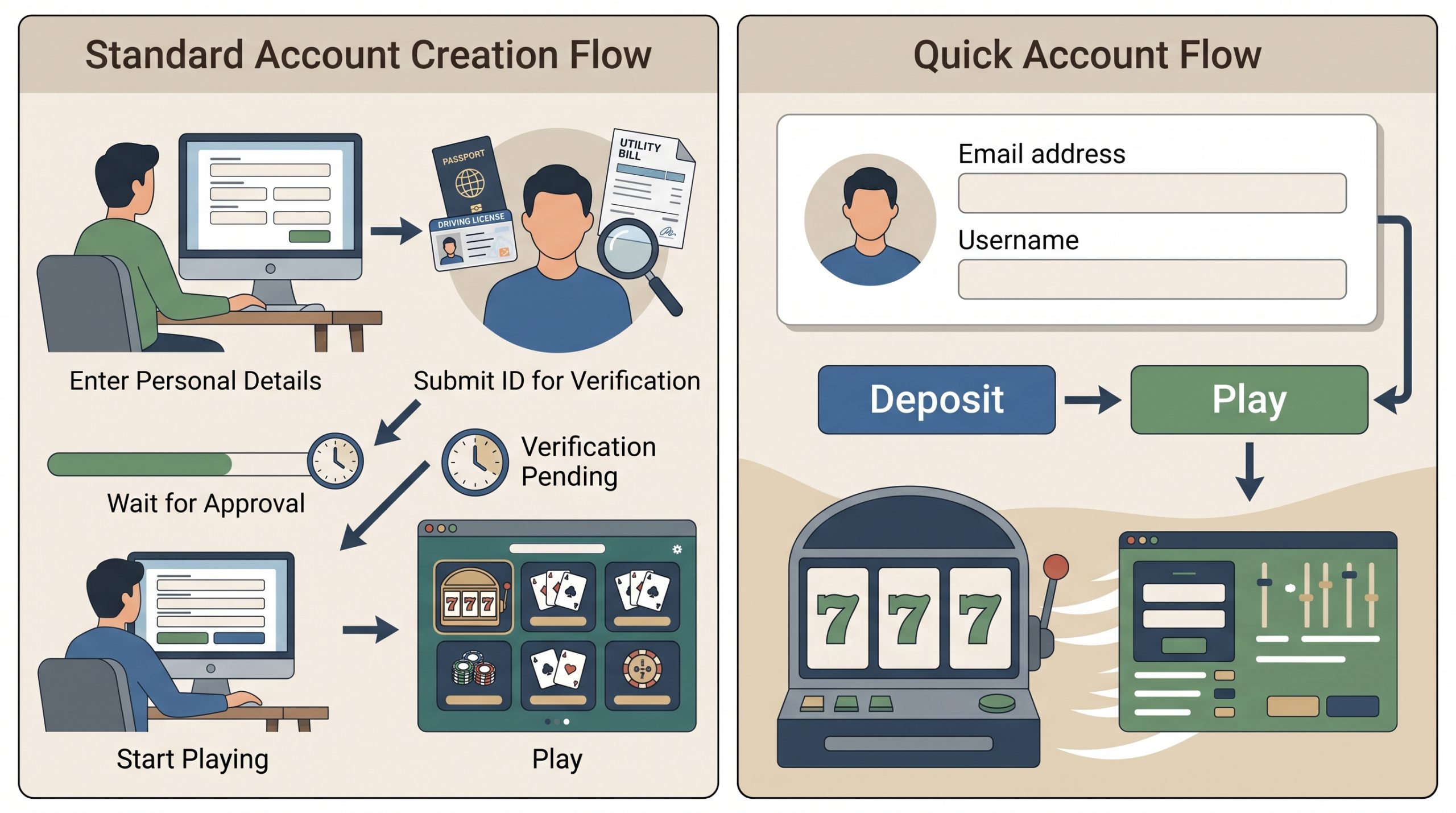 How to Choose a Reliable No KYC Casino 1 Illustration comparing a traditional casino sign-up that requires identity documents and a waiting period with a no KYC casino sign-up that asks only for an email address before play.